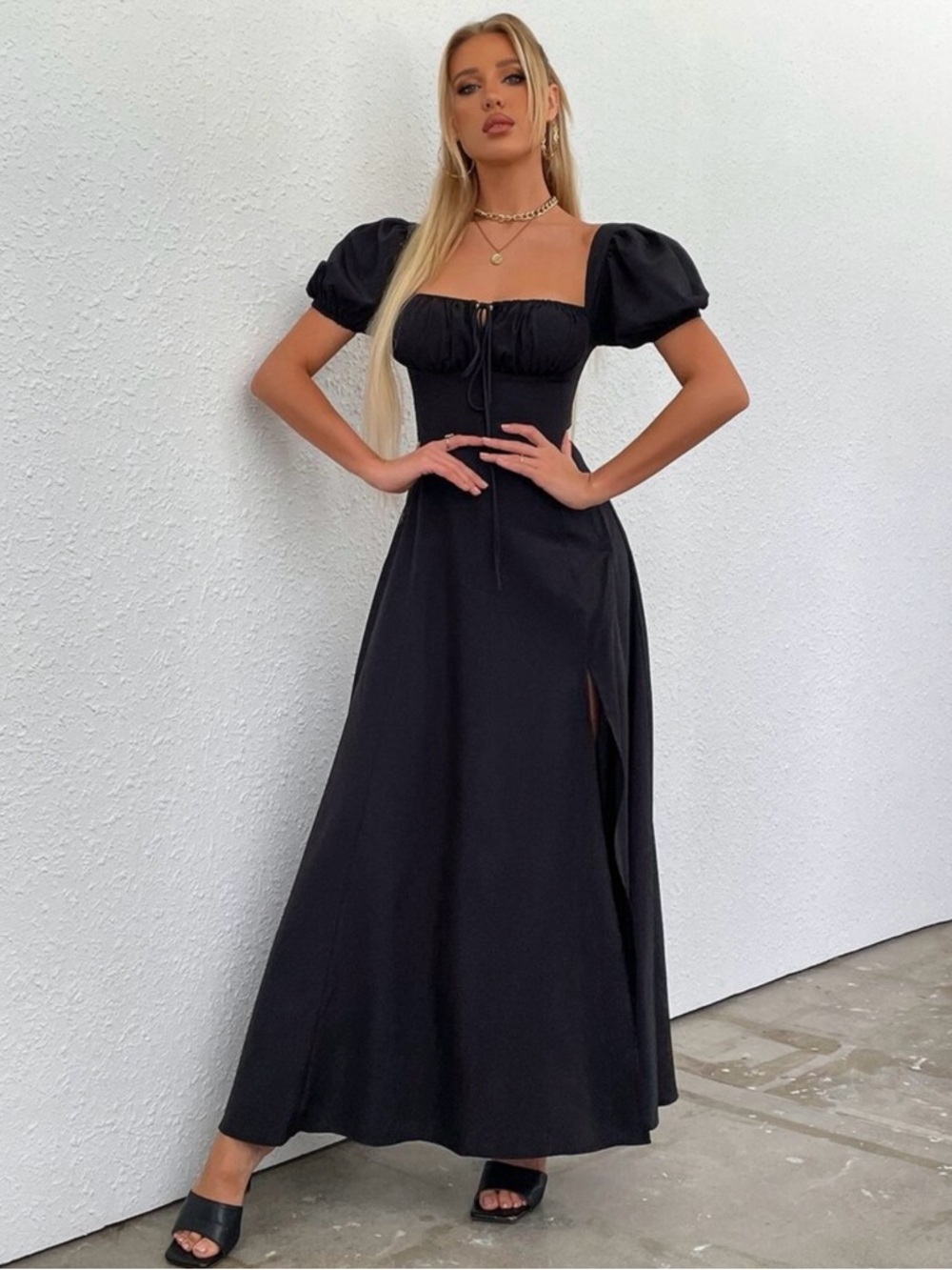Classic Black Puff-Sleeve Maxi Dress